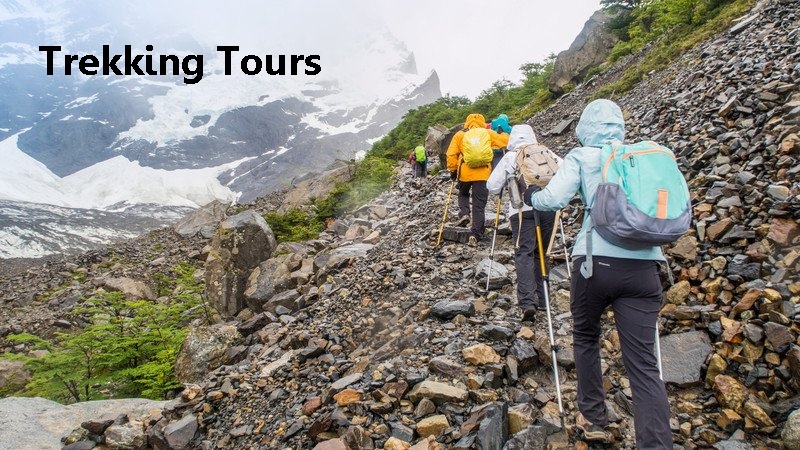 Group of trekkers hiking uphill on a rocky mountain trail with snow-covered peaks and lush greenery in the background.